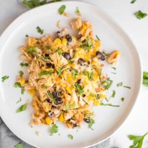 Sformato di Pollo Tex-Mex, Fagioli Neri e Riso 18 Vista dall'alto della teglia di pollo Tex-Mex su un piatto bianco, mostrando la consistenza e gli ingredienti.