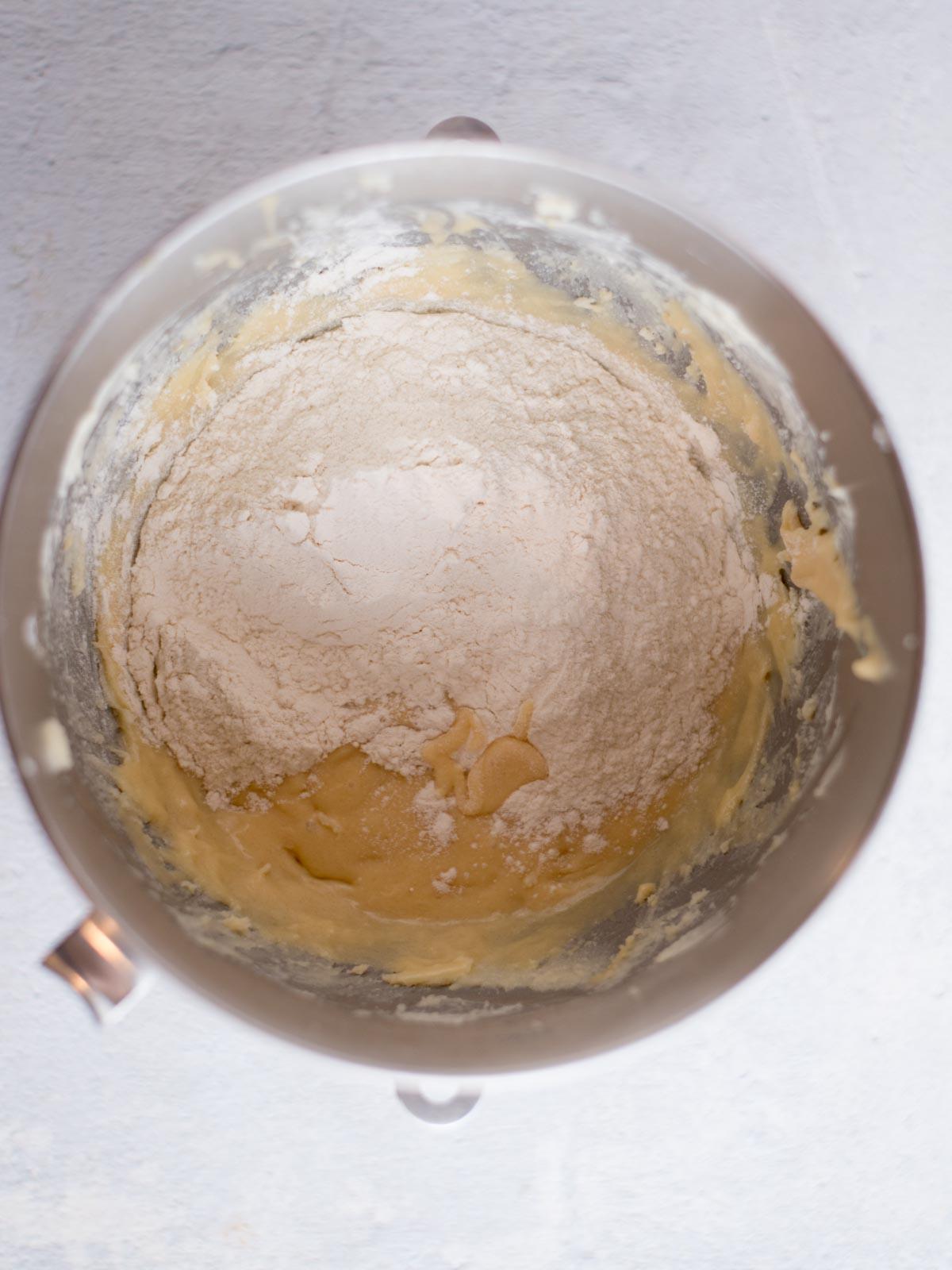 flour added to the dough in a mixing bowl