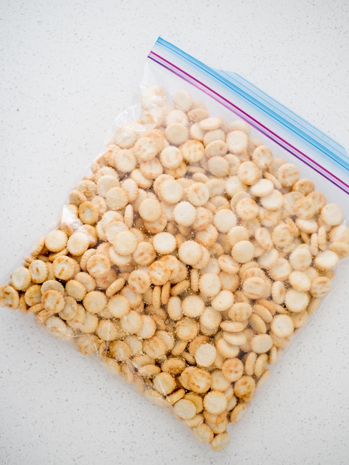 Sacchetto ziploc sigillato di cracker alle ostriche conditi.