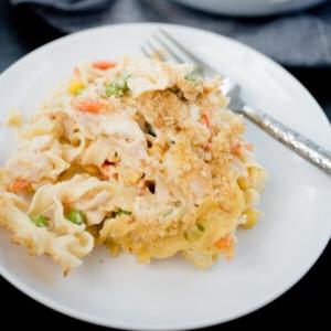 Pasticcio di Pollo al Forno con Pasta all'Uovo 7 Porzione di sformato di pollo e pasta su un piatto bianco