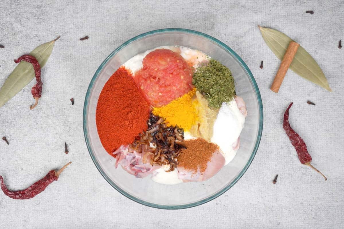 Pollo Angara 3 marination ingredients added to a bowl.