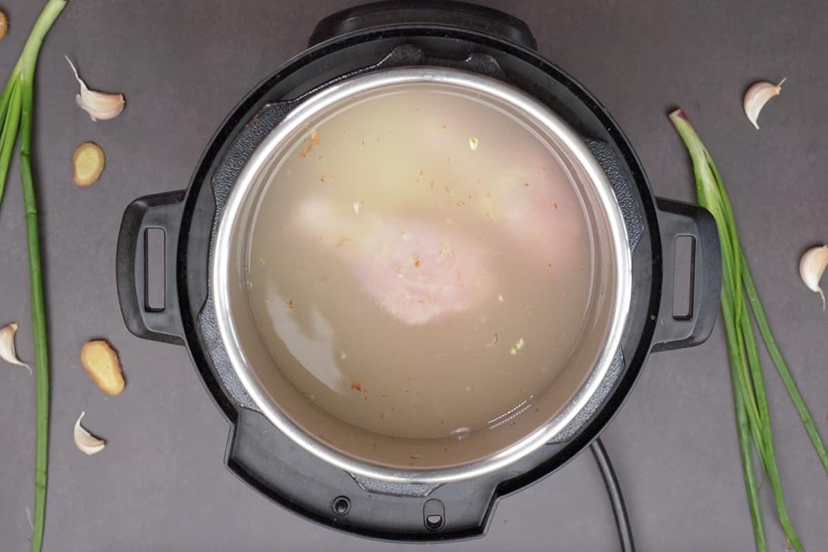 Zenzero, aglio, pollo, sale e acqua aggiunti alla pentola.