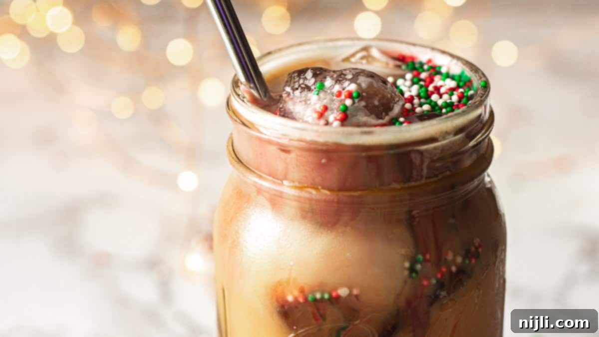Frosted Almond Milk Cookie Iced Latte 5 closeup of christmas cookie latte with lights in the background