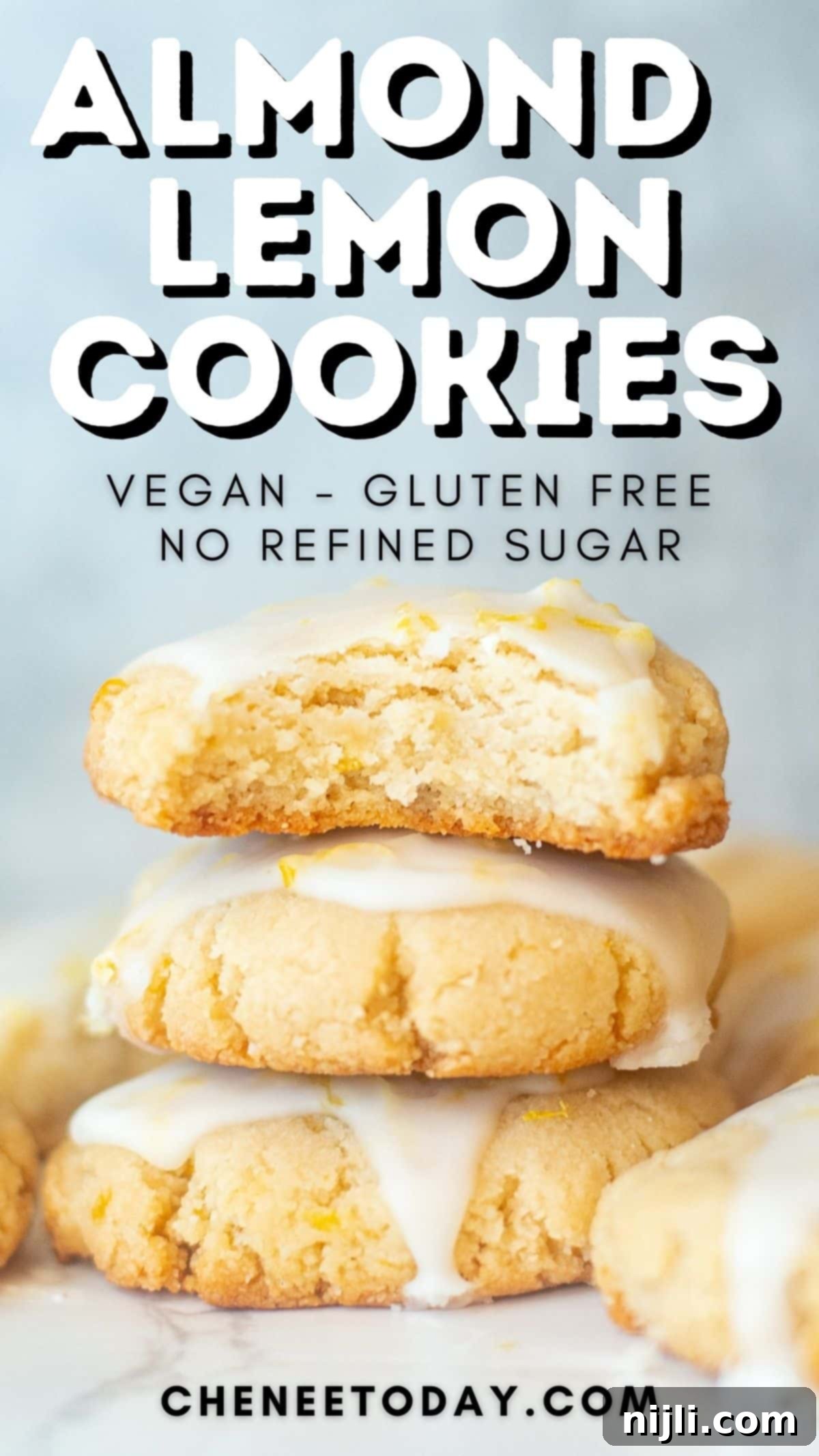 Nutty Lemon Bliss Cookies 9 Pinterest graphic for lemon almond shortbread cookies, featuring the finished cookies.