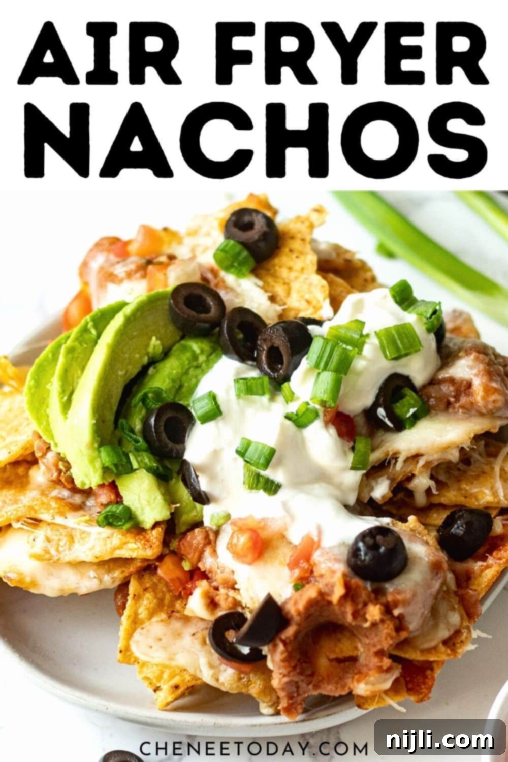 Crispy Air Fryer Nachos 8 Pin image featuring delicious air fryer nachos, highlighting the ease and speed of this cheesy recipe in 5 minutes