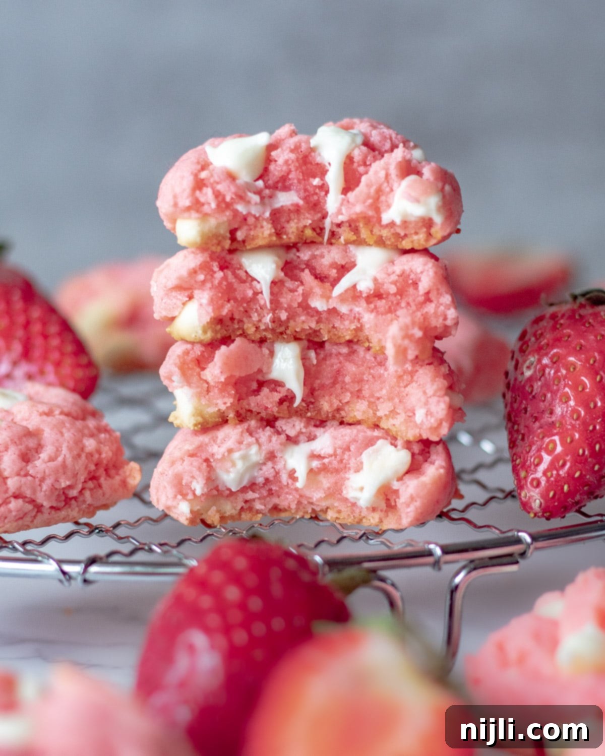 Heavenly Strawberry Cheesecake Cookies 3 strawberry cookies stacked on top of each other with bites taken out and oozing white chocolate