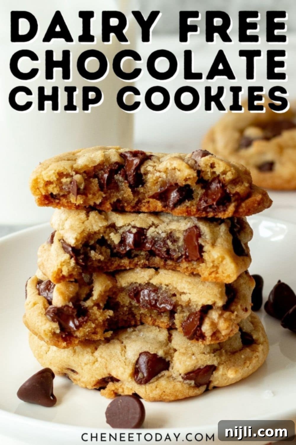 Vegan Chocolate Chip Cookies 8 Beautifully arranged dairy free chocolate chip cookies, perfectly baked and sprinkled with sea salt, ideal for pinning to your recipe board