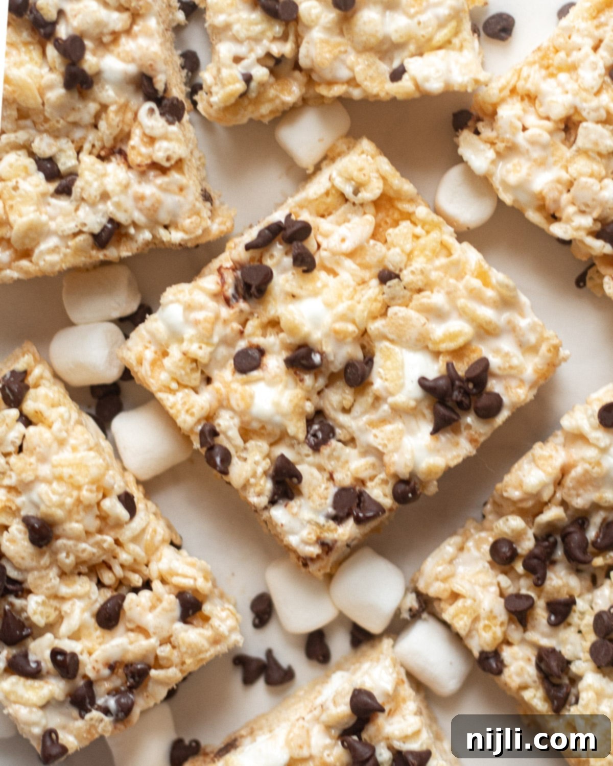 Gooey Chocolate Chip Rice Krispie Bars 3 Chocolate chip rice krispie treats from above, showcasing the chocolate