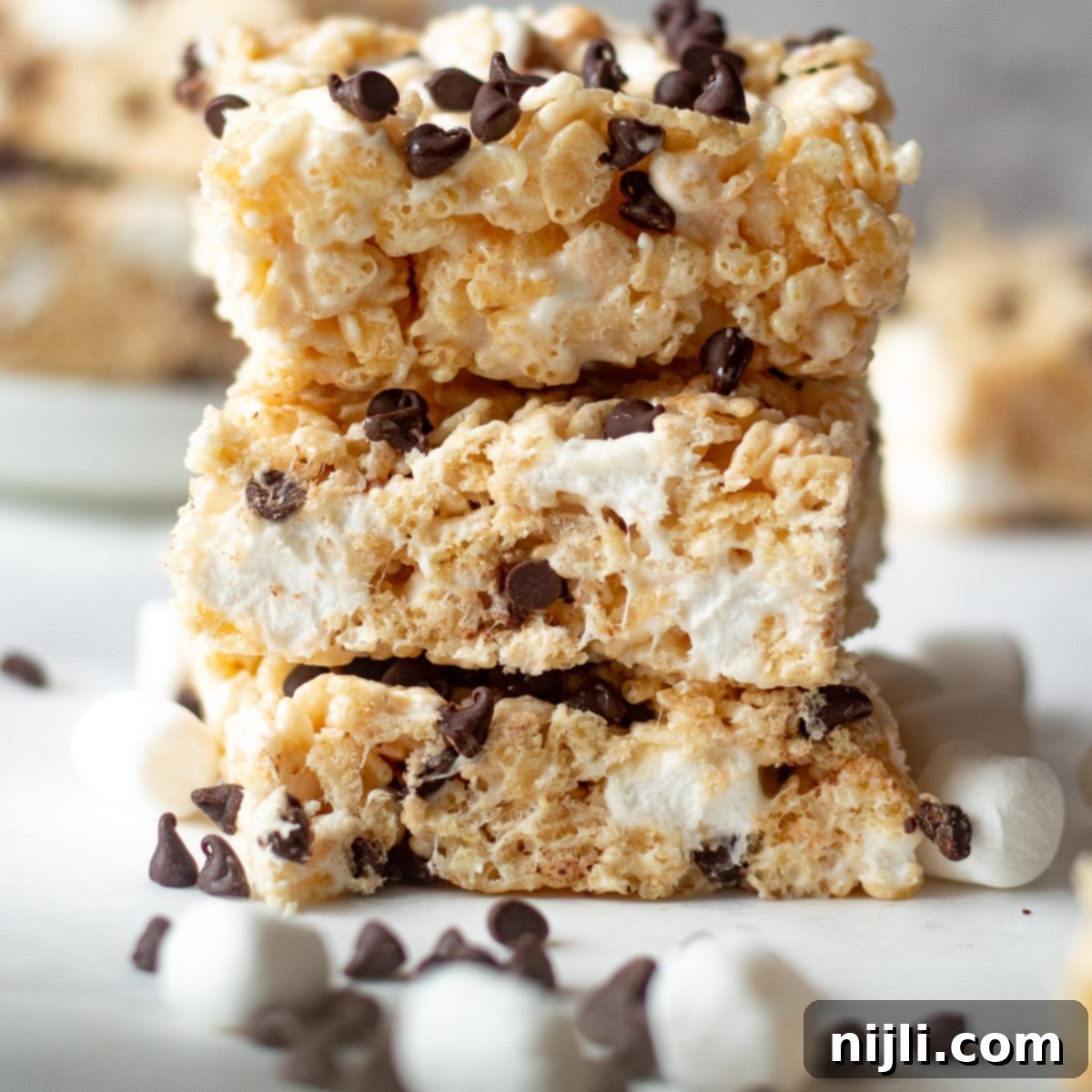 Gooey Chocolate Chip Rice Krispie Bars 7 Stacked Chocolate Chip Rice Krispie Treats