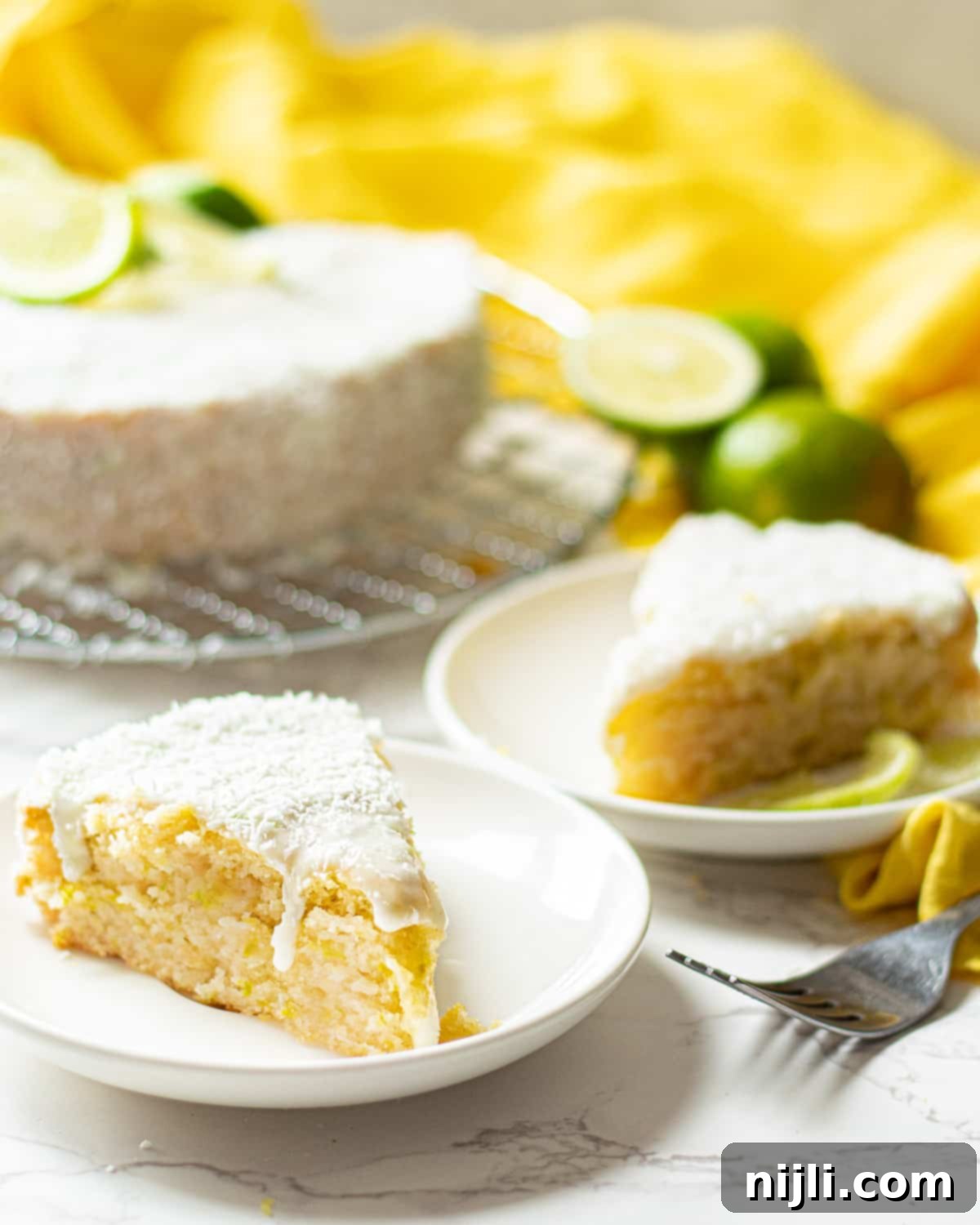 Tropical Vegan Coconut Delight 8 slices of vegan coconut cake on a plate
