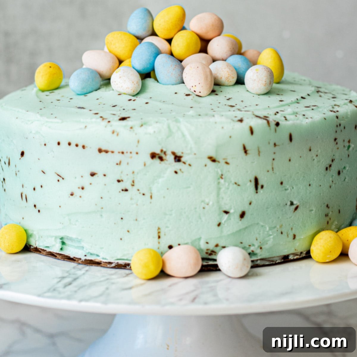Speckled Candy Cake 2 mini eggs cake on a cake stand