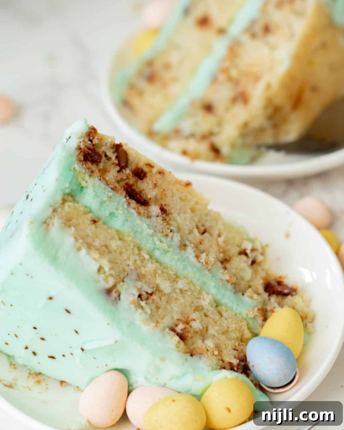 Speckled Candy Cake 3 mini eggs cake slice on a plate