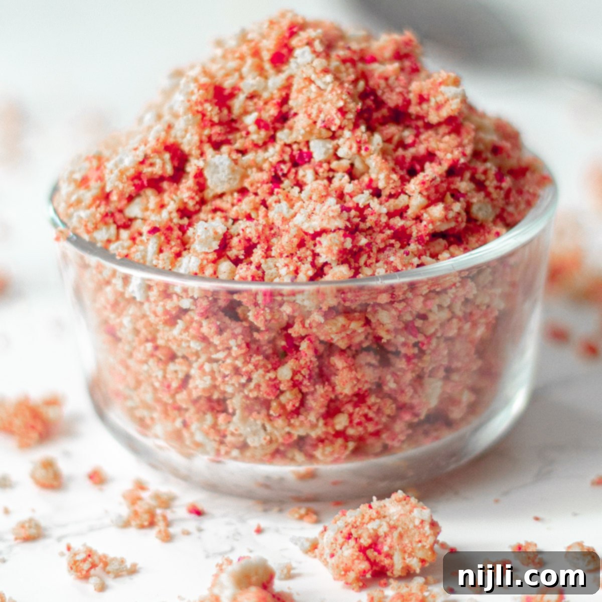 Classic Strawberry Shortcake Crumble 2 A bowl of vibrant strawberry shortcake crumble, ready to be used as a delicious topping for various desserts.