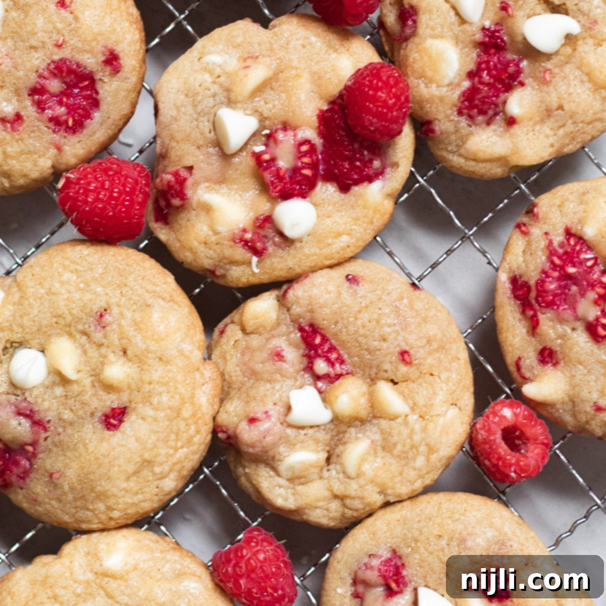 White Chocolate Raspberry Delights 2 raspberry white chocolate cookies from overhead on a rack