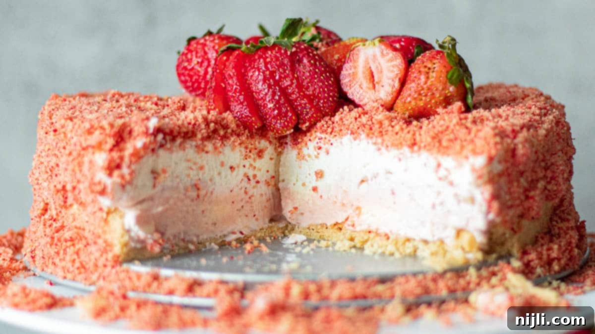 Strawberry Crunch Cheesecake 4 A close-up side view of a sliced strawberry crunch cheesecake, showing its distinct layers of crust, vanilla filling, strawberry filling, and the generous crunchy topping.