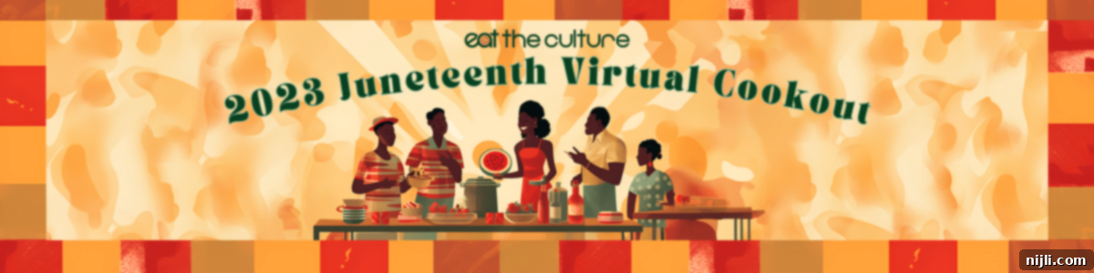 Southern Peach Pound Cake 3 banner depicting illustrations of Black folks enjoying a Juneteenth celebration