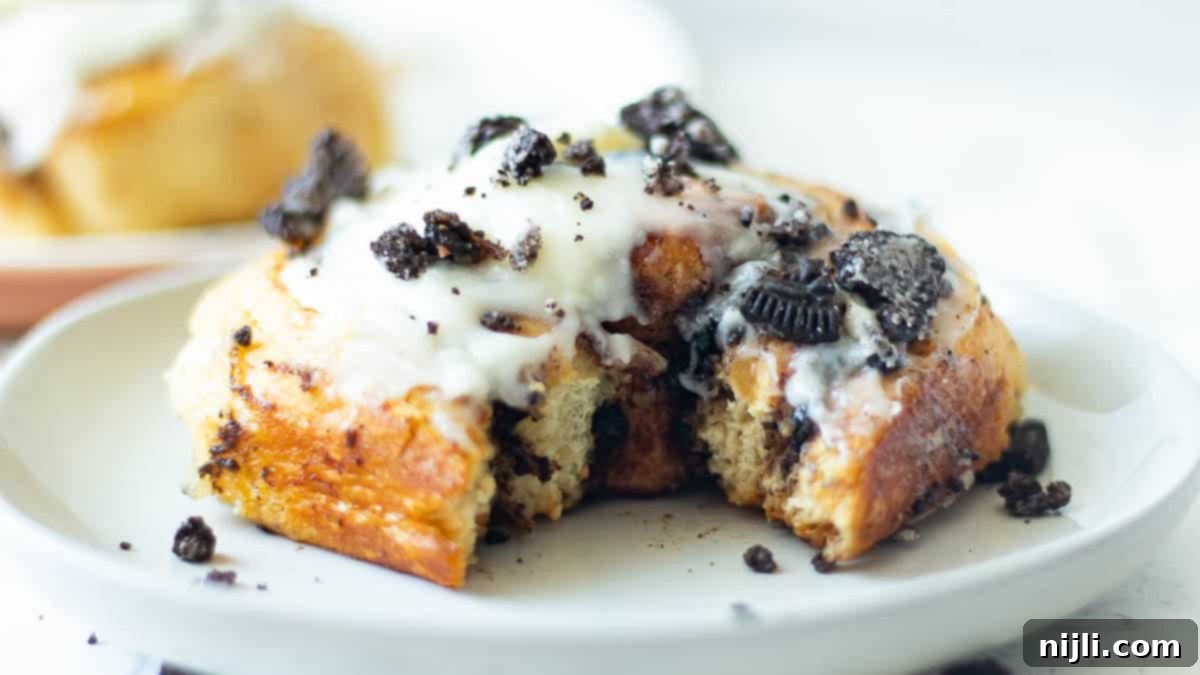 Oreo cinnamon rolls (flavor packed) with a bite taken out