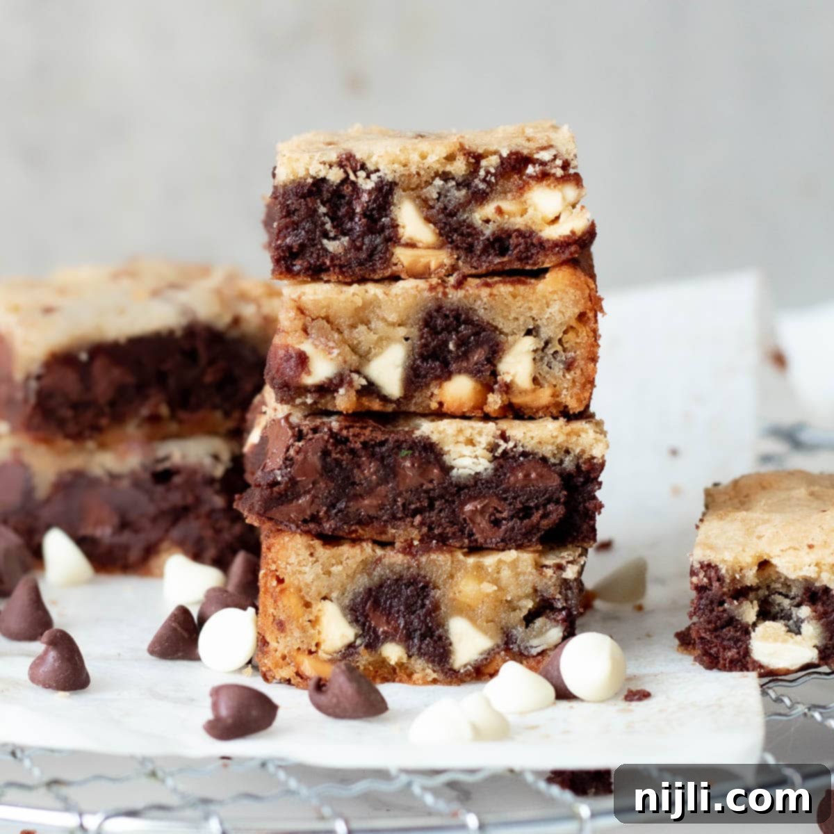 brownie blondies recipe stacked on a wire rack