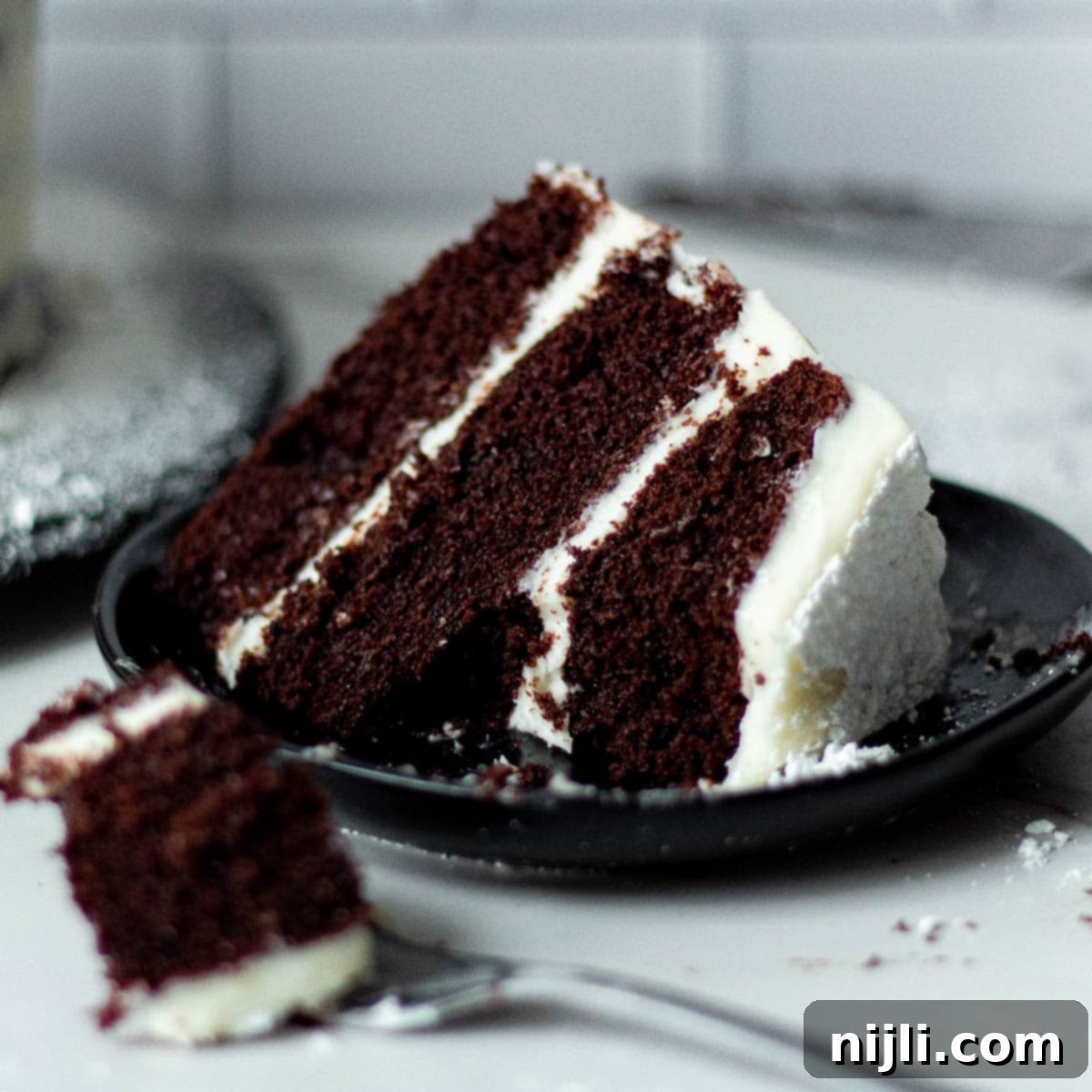 Decadent Chocolate Cake with Velvety Cream Cheese Frosting 2 chocolate cake with cream cheese frosting on a plate