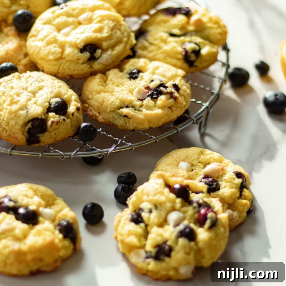 Zesty Blueberry Cake Cookie Bliss 15 lemon blueberry cookies on a rack