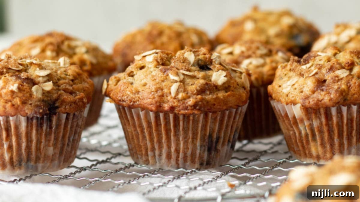healthy banana blueberry oatmeal muffins in a muffin tin
