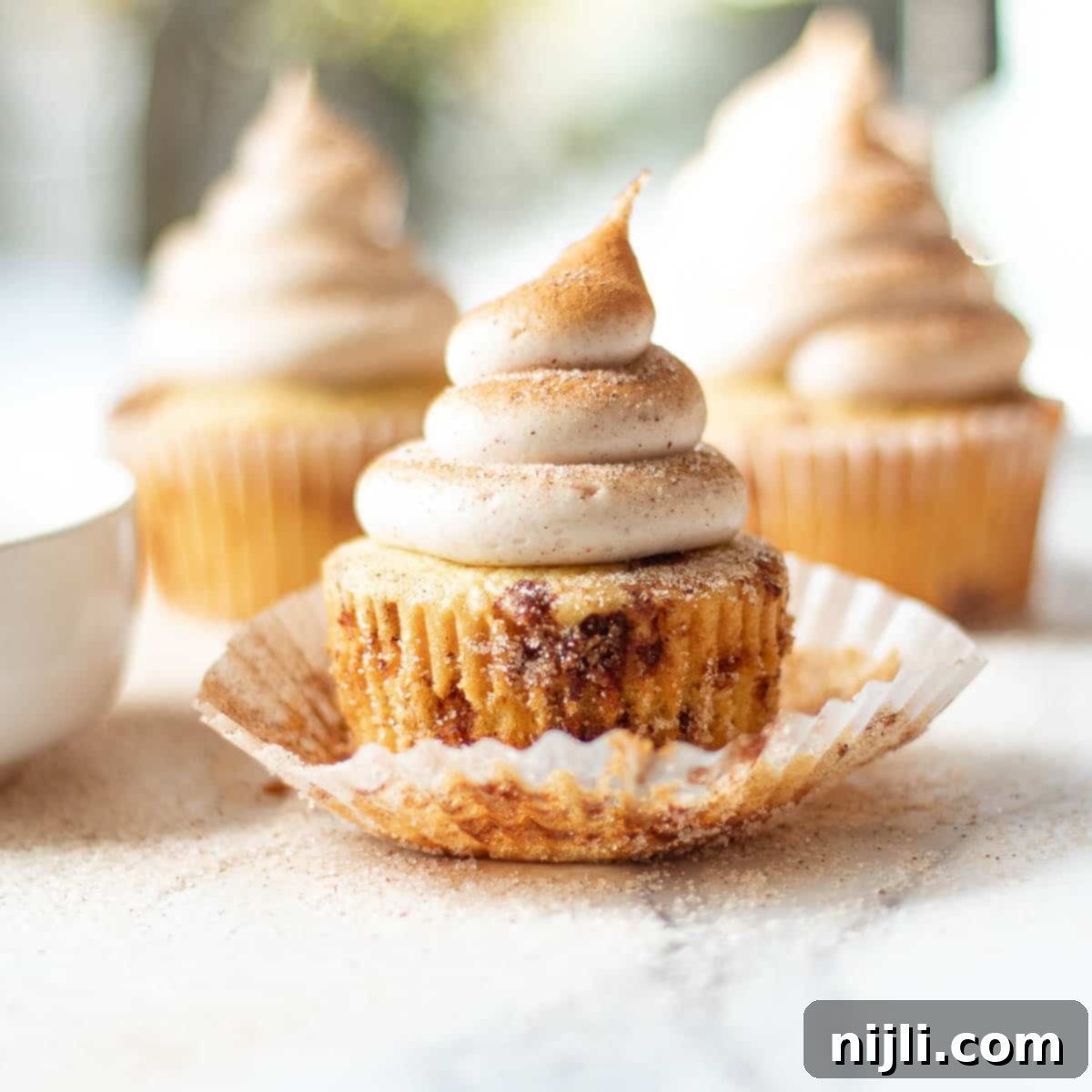Cozy Cinnamon Cupcakes 2 cinnamon cupcakes on a tray