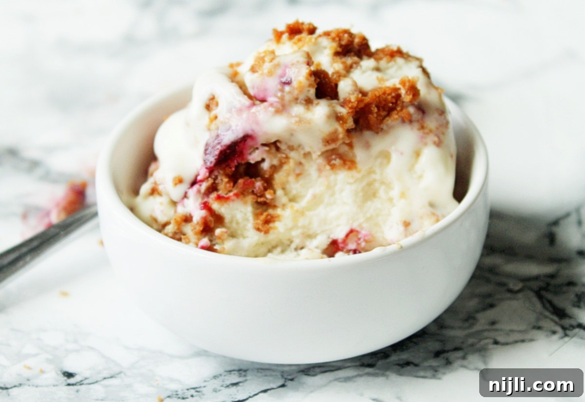 No-Churn Blackberry Cheesecake Biscoff Swirl Ice Cream 4 A bowl of rich blackberry cheesecake ice cream, topped with fresh blackberries and cookie crumbles, ready to be served.