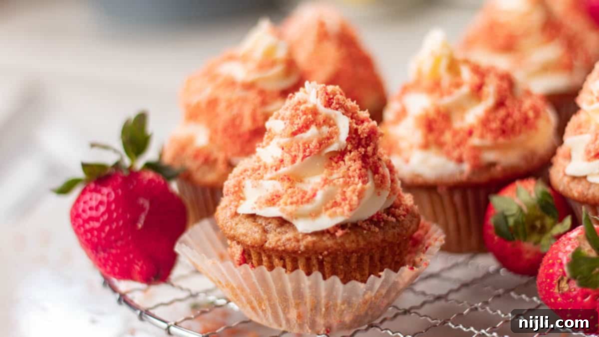 Strawberry Crunch Cupcakes 15 A vibrant array of strawberry crunch cupcakes, each with a creamy top and strawberry crumble, promising a burst of flavor.