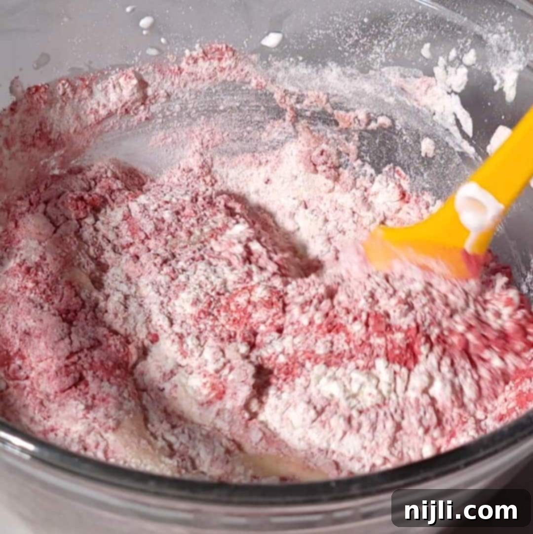 Strawberry Crunch Cupcakes 9 Combining dry ingredients with strawberry pieces to make strawberry crunch cupcake batter.
