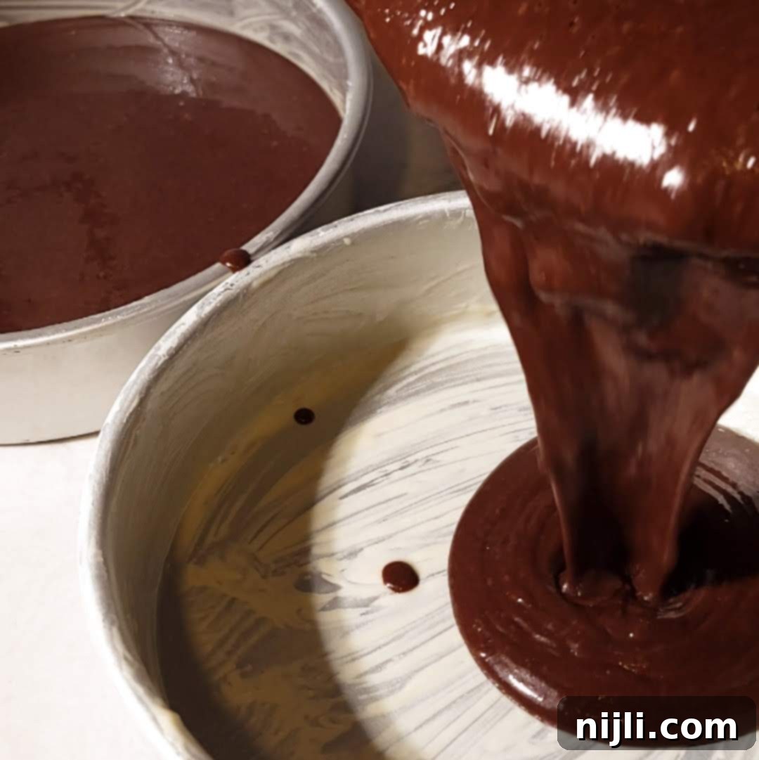 Matilda's Decadent Chocolate Cake 11 Rich, smooth chocolate cake batter being expertly poured into two prepared baking pans, ready to bake into a delicious Matilda's Chocolate Cake.