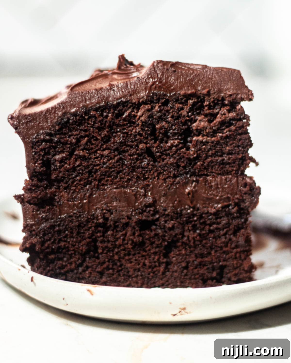 A decadent slice of Matilda's Chocolate Cake with rich chocolate frosting, showcasing the moist texture and the dark chocolate layers, presented on a dark background.