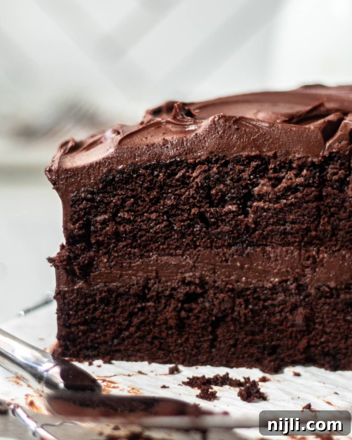 Matilda's Decadent Chocolate Cake 3 A generous slice of Matilda's Chocolate Cake removed from the main cake, showcasing its perfectly even, thick layers of moist dark chocolate cake and luscious fudge frosting, resting on a pristine white marble surface.