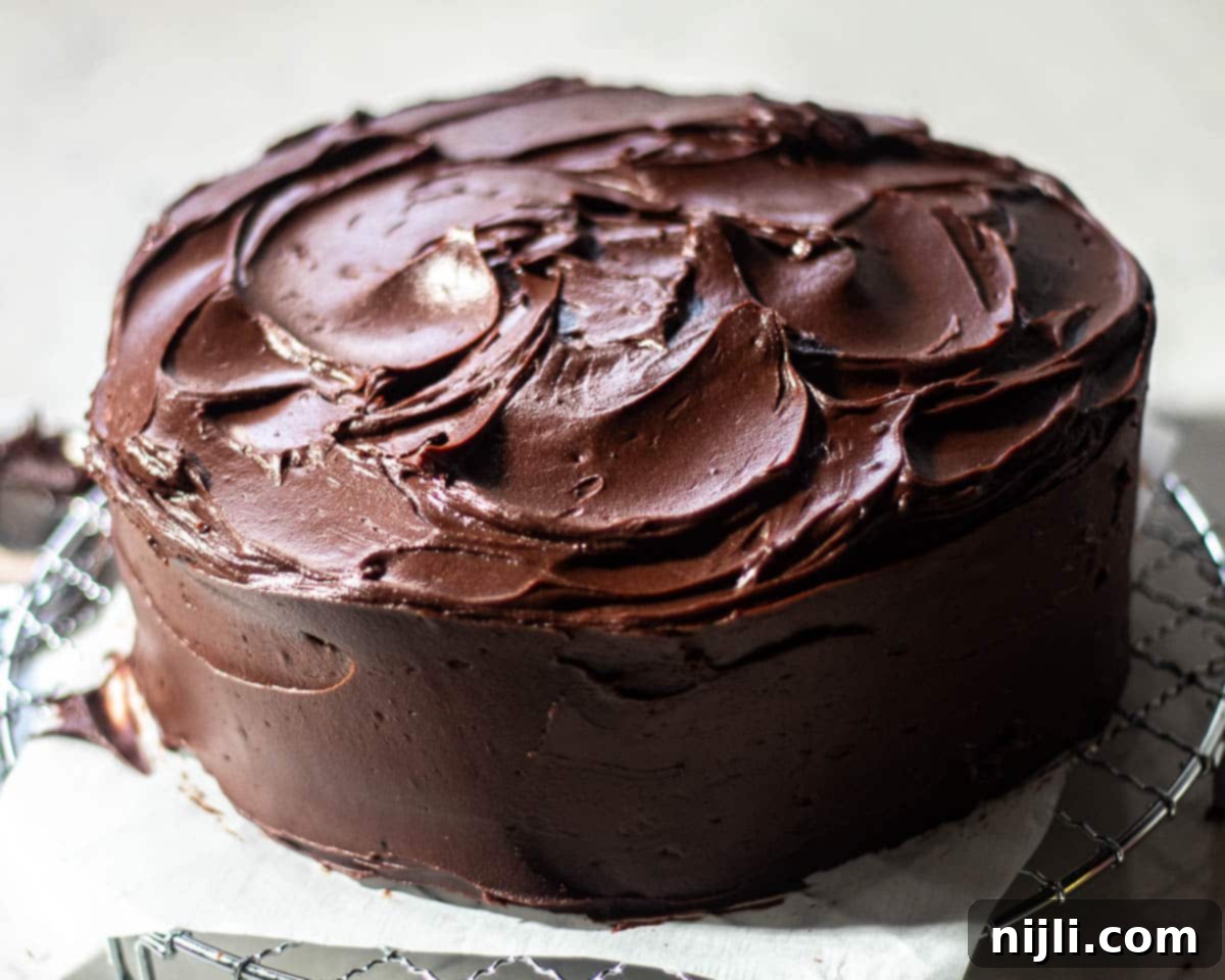 Matilda's Decadent Chocolate Cake 4 The fully assembled Matilda's Chocolate Cake, showcasing its smooth, glossy chocolate frosting, resting on a wire cooling rack against a light background, ready for serving.