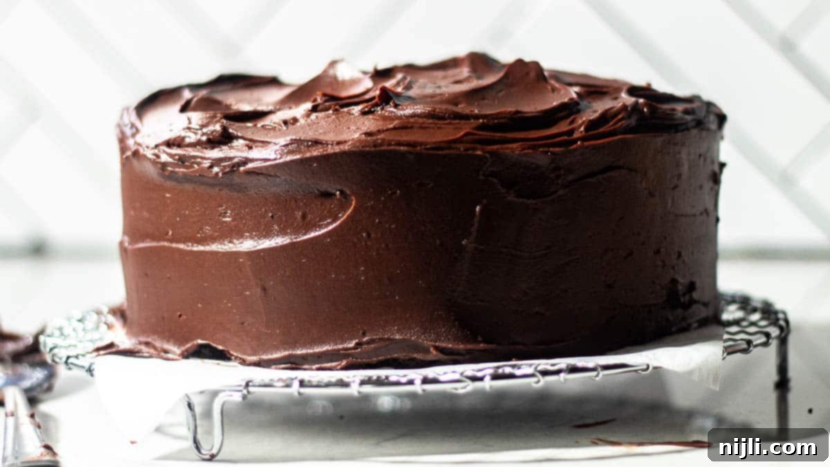 Matilda's Decadent Chocolate Cake 6 The fully assembled Matilda's Chocolate Cake, glossy with fudge frosting, sitting on a wire rack with a subtle hint of the famous movie scene in the background, ready to be enjoyed.