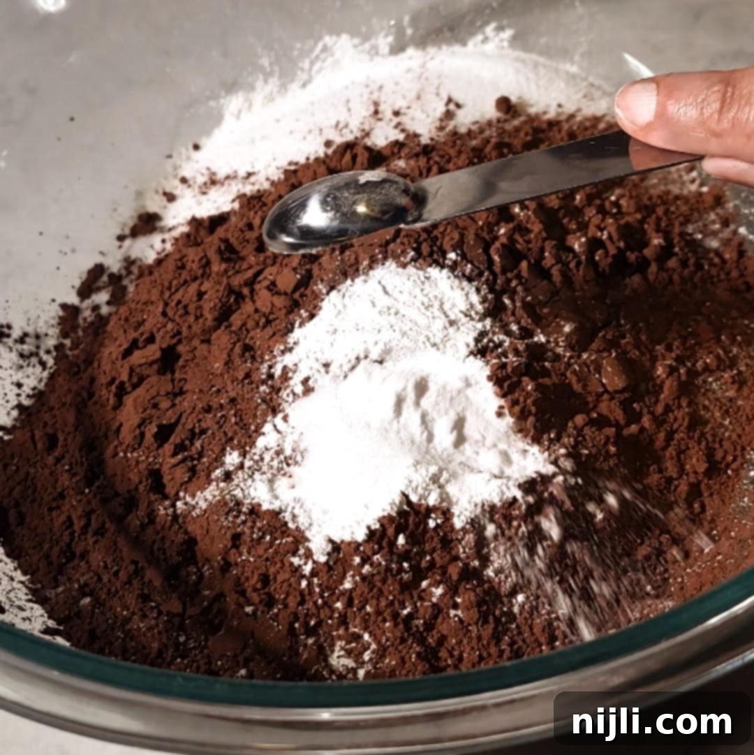 Matilda's Decadent Chocolate Cake 8 Dry ingredients including flour, sugar, and cocoa powder being whisked together in a large mixing bowl for Matilda's Chocolate Cake batter.