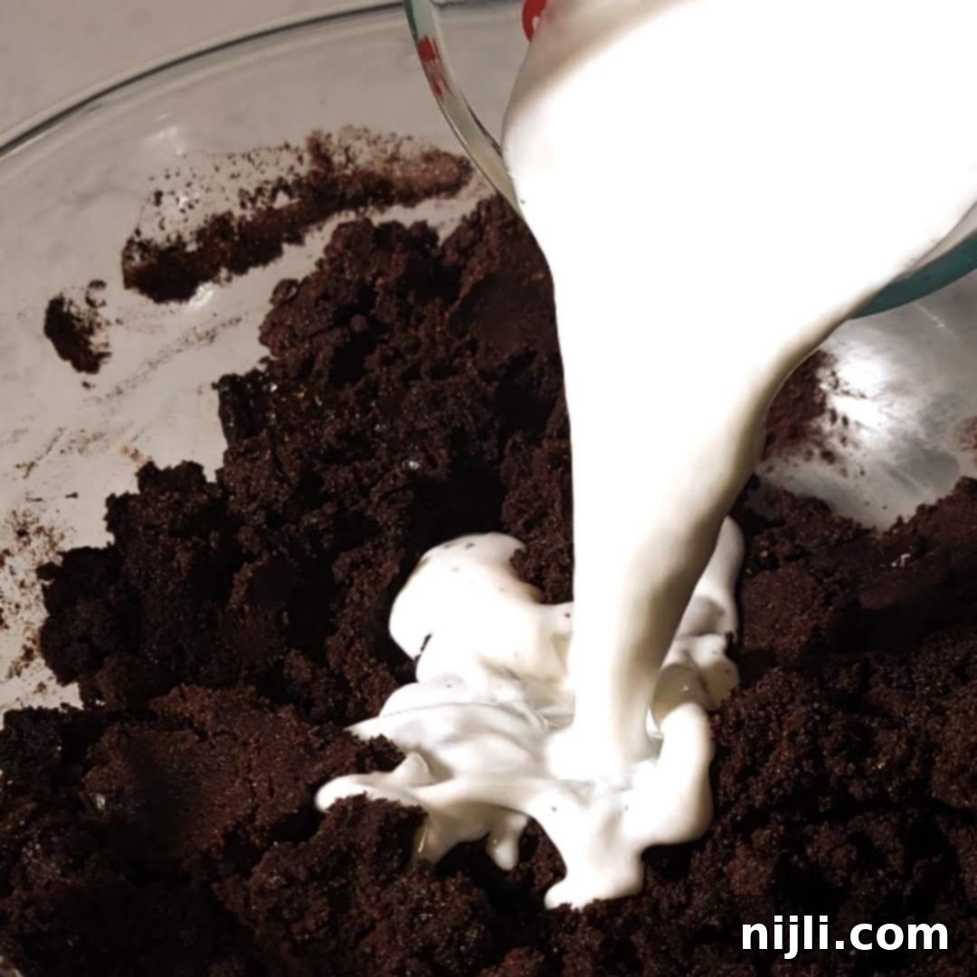 Matilda's Decadent Chocolate Cake 9 Pouring creamy buttermilk into a bowl of dry chocolate ingredients, creating a moist and rich batter for Matilda's Chocolate Cake.