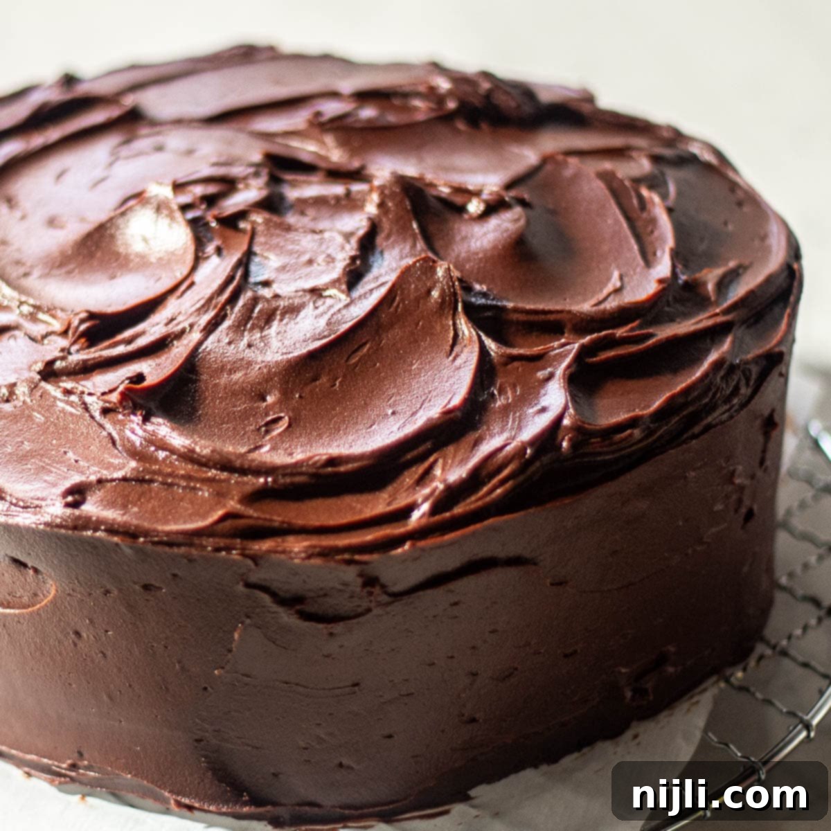Rich Chocolate Fudge Frosting 2 A full view of a chocolate cake with artisanal chocolate fudge frosting, the swirls on top crafted with care for a gourmet finish.