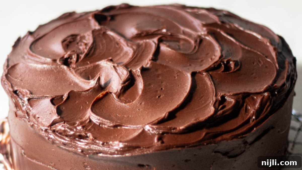 Rich Chocolate Fudge Frosting 6 Rich and glossy chocolate fudge frosting swirled on top of a chocolate cake, highlighting the smooth texture perfect for chocolate fudge frosting recipes.