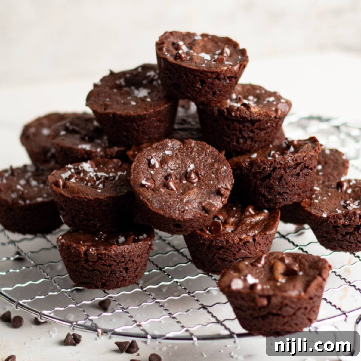 Bite-Sized Brownies 2 A pile of 2 bite brownies with a few chocolate chips scattered around, displayed on a wire rack.