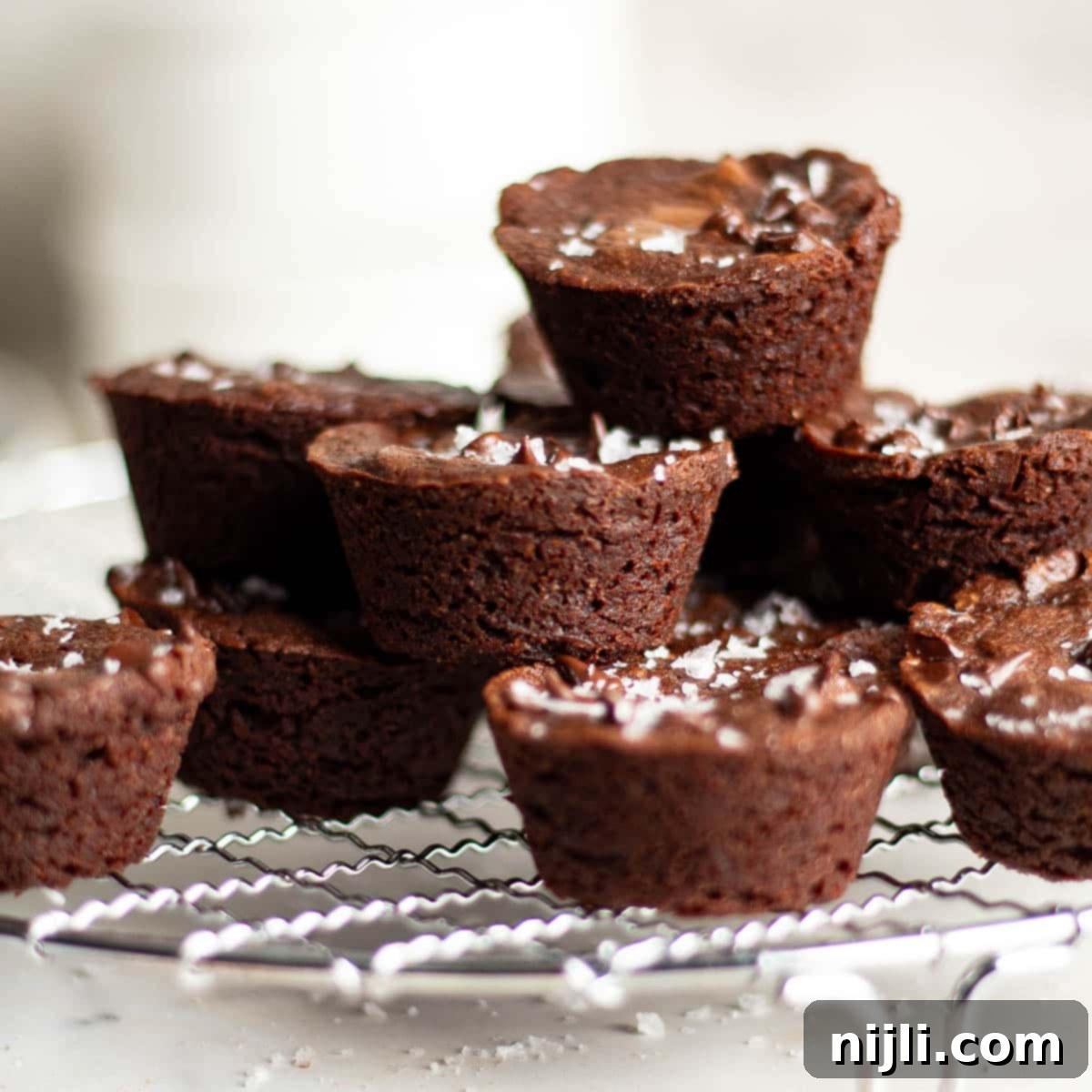 Bite-Sized Brownies 13 A stack of 2 bite brownies sprinkled with sea salt and chocolate chips, placed on a cooling rack.