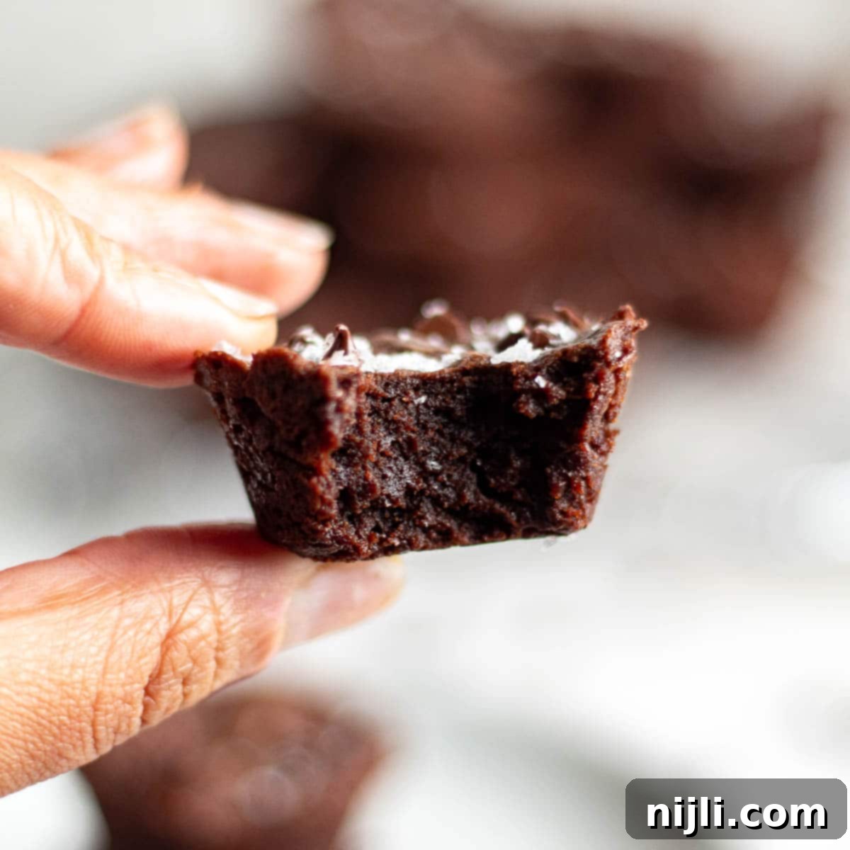 Bite-Sized Brownies 3 A hand holding a single 2 bite brownie with a bite taken out, showing the moist interior.