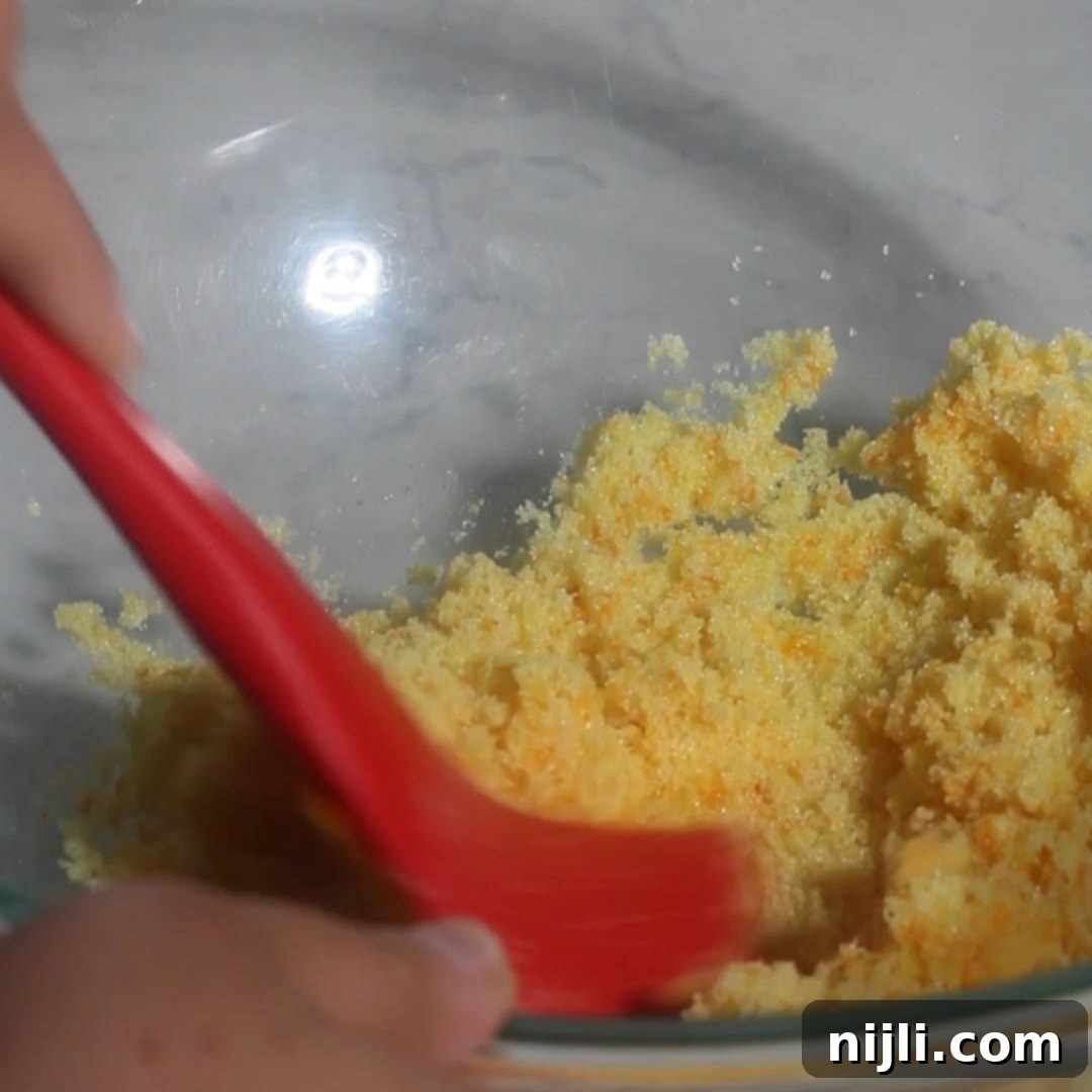 Mediterranean Gluten-Free Olive Oil Cake 7 Using a red spatula to mix orange zest into granulated sugar in a large bowl, releasing essential oils for a gluten-free olive oil cake.