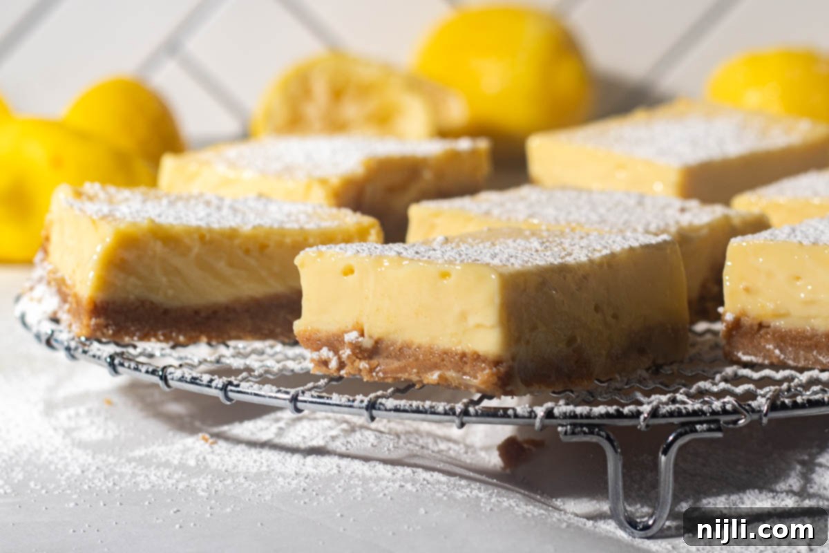 Golden Lemon Delight with Graham Crumb Perfection 15 A side view of lemon bars with graham cracker crusts on a wire rack, showcasing their creamy texture and powdered sugar topping, surrounded by fresh lemons.