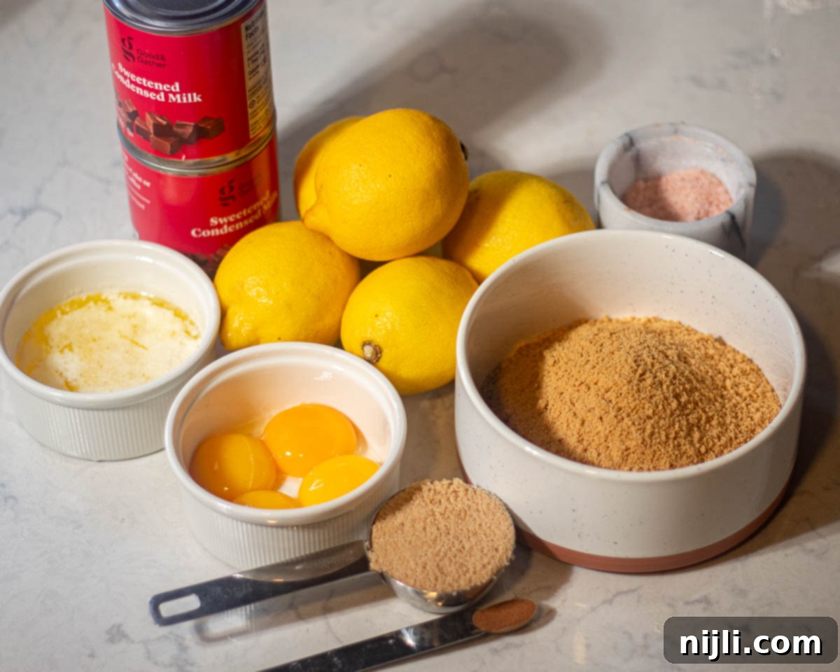 Golden Lemon Delight with Graham Crumb Perfection 5 Ingredients for lemon bars with graham cracker crust arranged on a marble countertop, including lemons, eggs, brown sugar, cinnamon, sald, butter, and canned condensed milk.