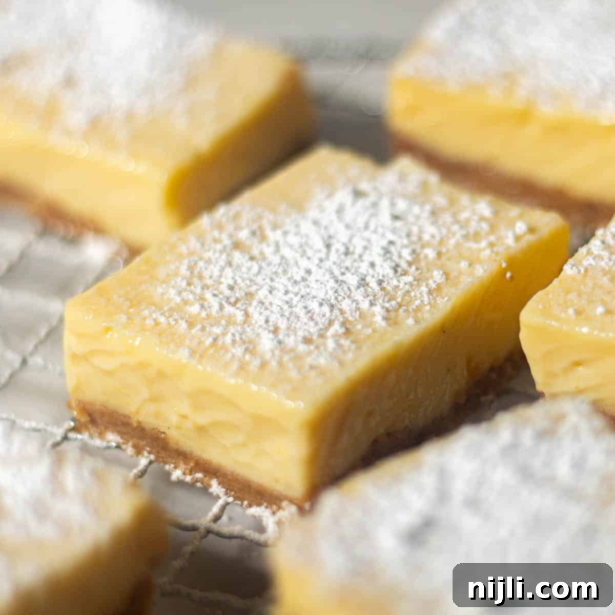 Golden Lemon Delight with Graham Crumb Perfection 7 Close-up of a lemon bar with a graham cracker crust dusted with powdered sugar, highlighting the smooth lemon filling and crumbly crust texture.