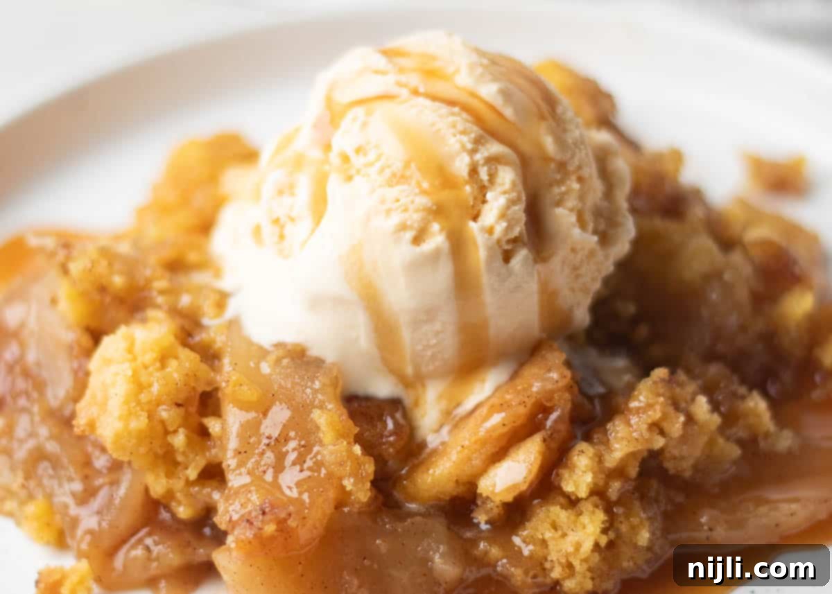 Effortless Cake Mix Apple Cobbler 12 A simple apple cobbler with yellow cake mix, showcasing a golden, crisp topping and juicy apple filling, topped with vanilla ice cream.
