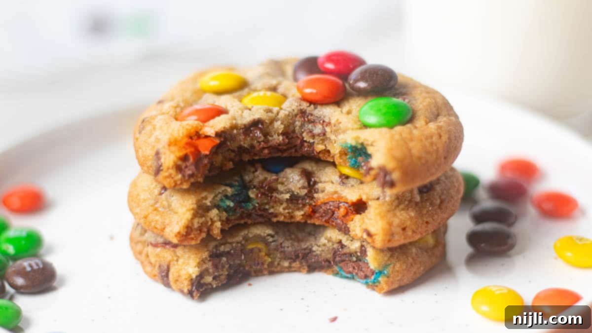 M&M Burst Chocolate Chip Goodness 14 A stack of classic M&M cookies on a plate, showcasing the nostalgic recipe featuring colorful M&M candies on a soft, thick cookie base. These cookies are slightly browned around the edges but soft in the center, making them a timeless choice for anyone following an original M&M cookie recipe.