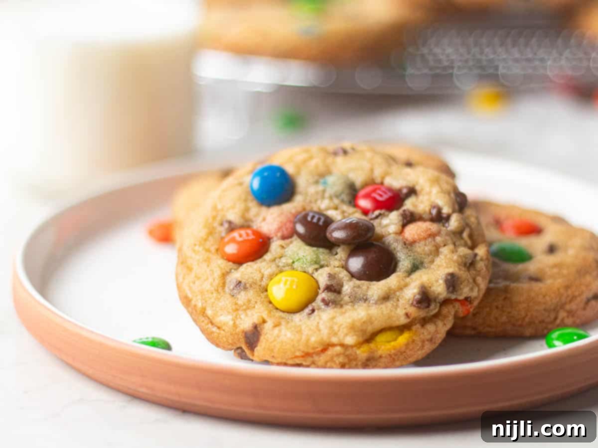 M&M Burst Chocolate Chip Goodness 6 A plate stacked with chocolate chip and M&M cookies, offering a delightful mix of semi-sweet chocolate chips and vibrant M&M candies in a soft, chewy cookie. These cookies are an indulgent treat, perfect for fans of both chocolate chip cookies and M&Ms who want the best of both worlds in one bite.