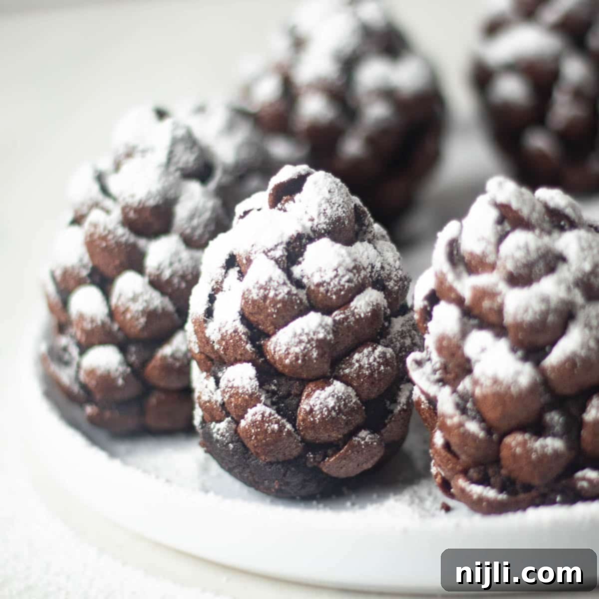 Delicious Pinecone Brownie Recipe 12 A festive arrangement of completed pinecone brownies lightly dusted with powdered sugar, presented on a white plate.