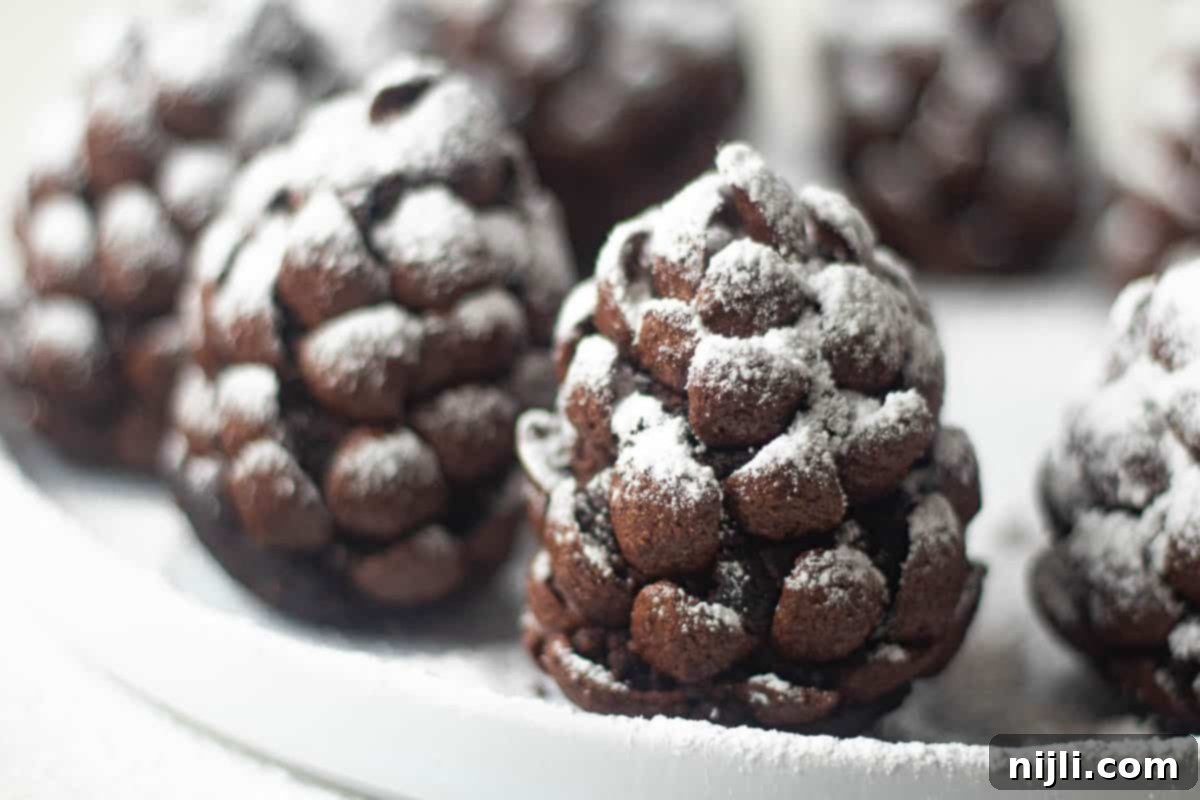 Delicious Pinecone Brownie Recipe 5 A side view of a single pinecone-shaped brownie with intricate chocolate scales, lightly sprinkled with powdered sugar, showcasing its realistic and creative design.